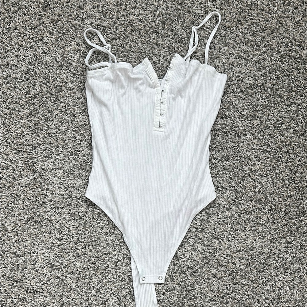 White Ribbed Bodysuit with Button Detail
